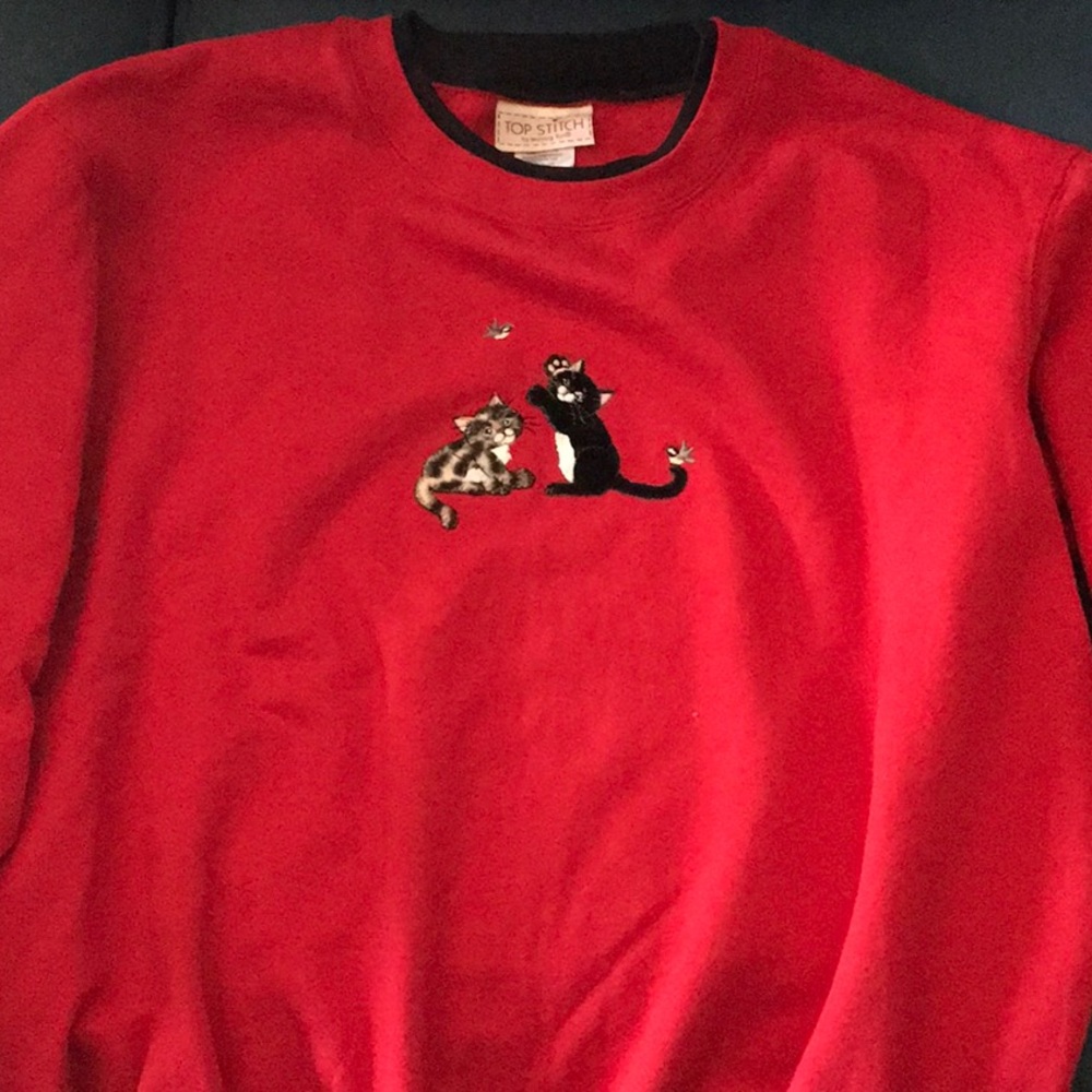 Red and Black Cat Embroidered Top